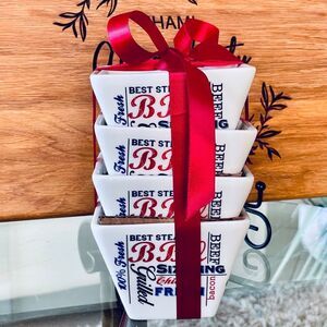 NWT Gorgeous CIROA white red Navy BBQ Square 3.9x3.9 Porcelain 4 Pc Bowl Set